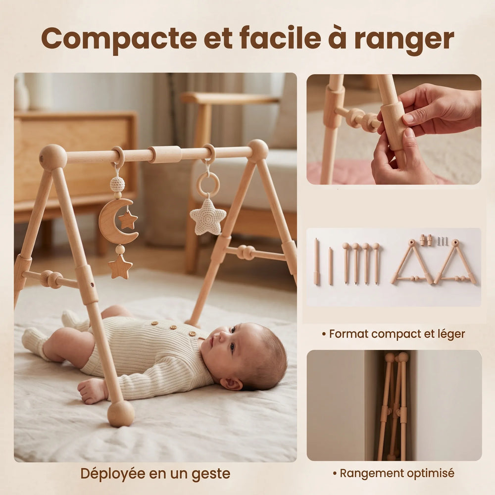 Portique d'éveil en bois pour bébé avec 4 jouets suspendus