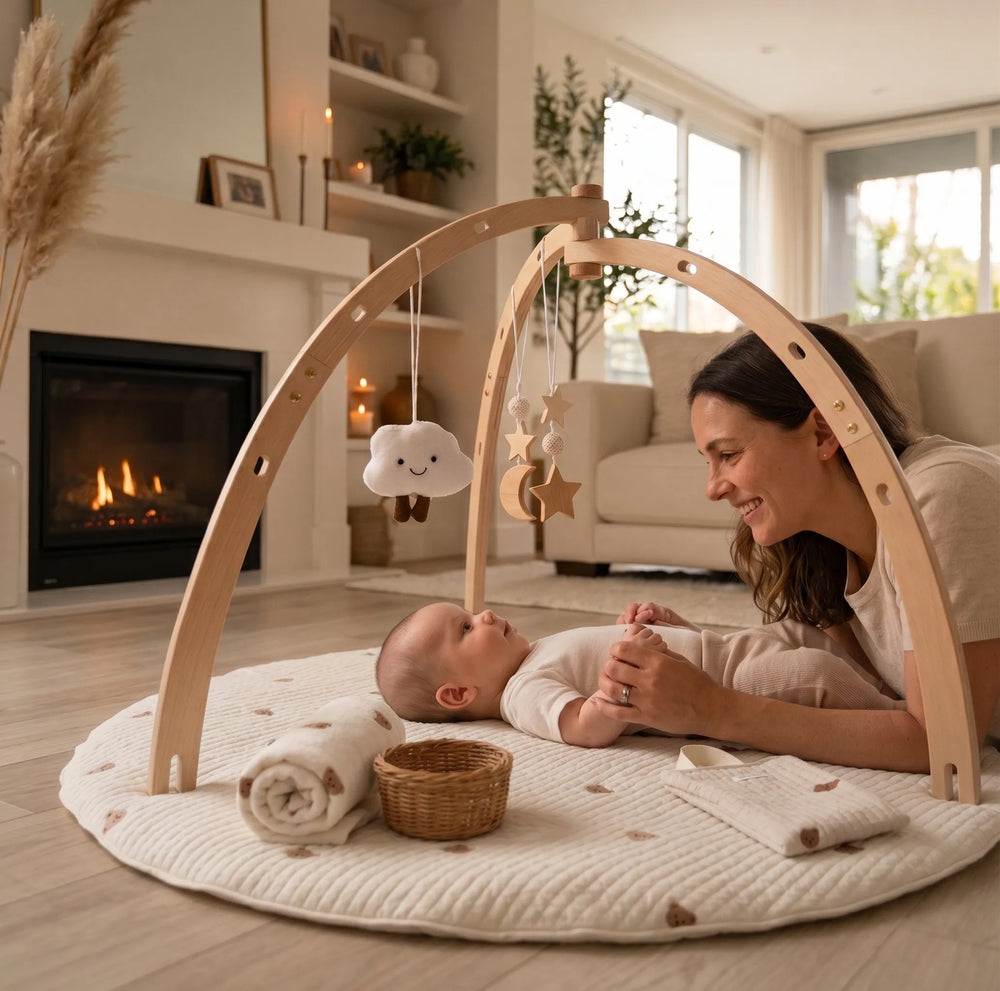 Arche d'éveil en bois pour bébé avec 5 jouets suspendus
