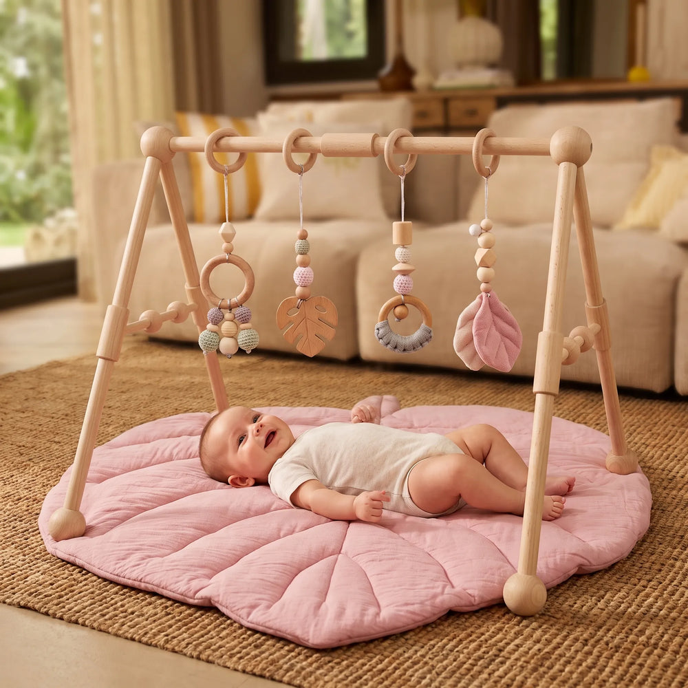Portique d'éveil en bois pour bébé avec 4 jouets suspendus