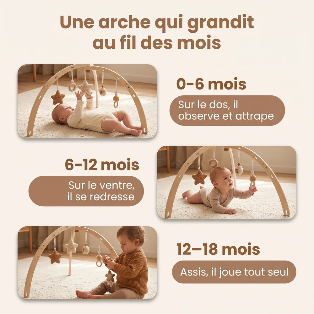 Arche d'éveil en bois pour bébé avec 5 jouets suspendus