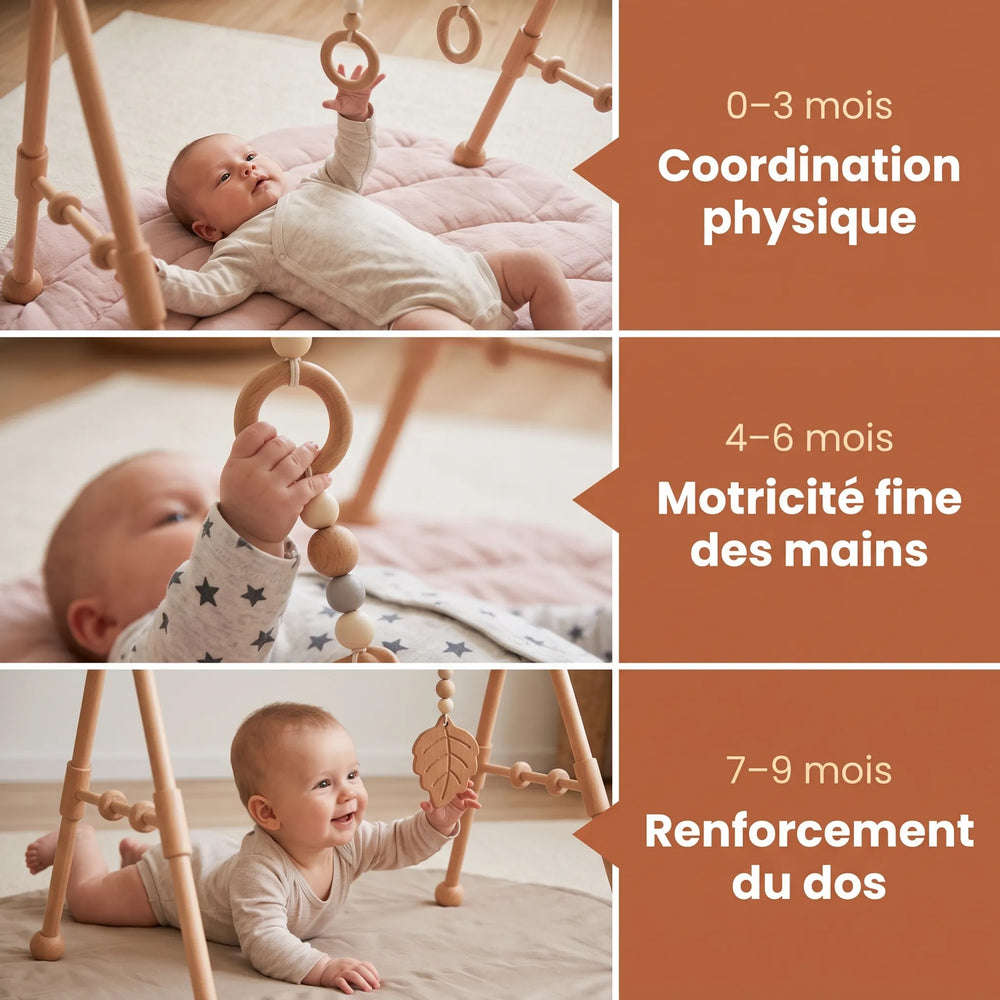 Portique d'éveil en bois pour bébé avec 4 jouets suspendus