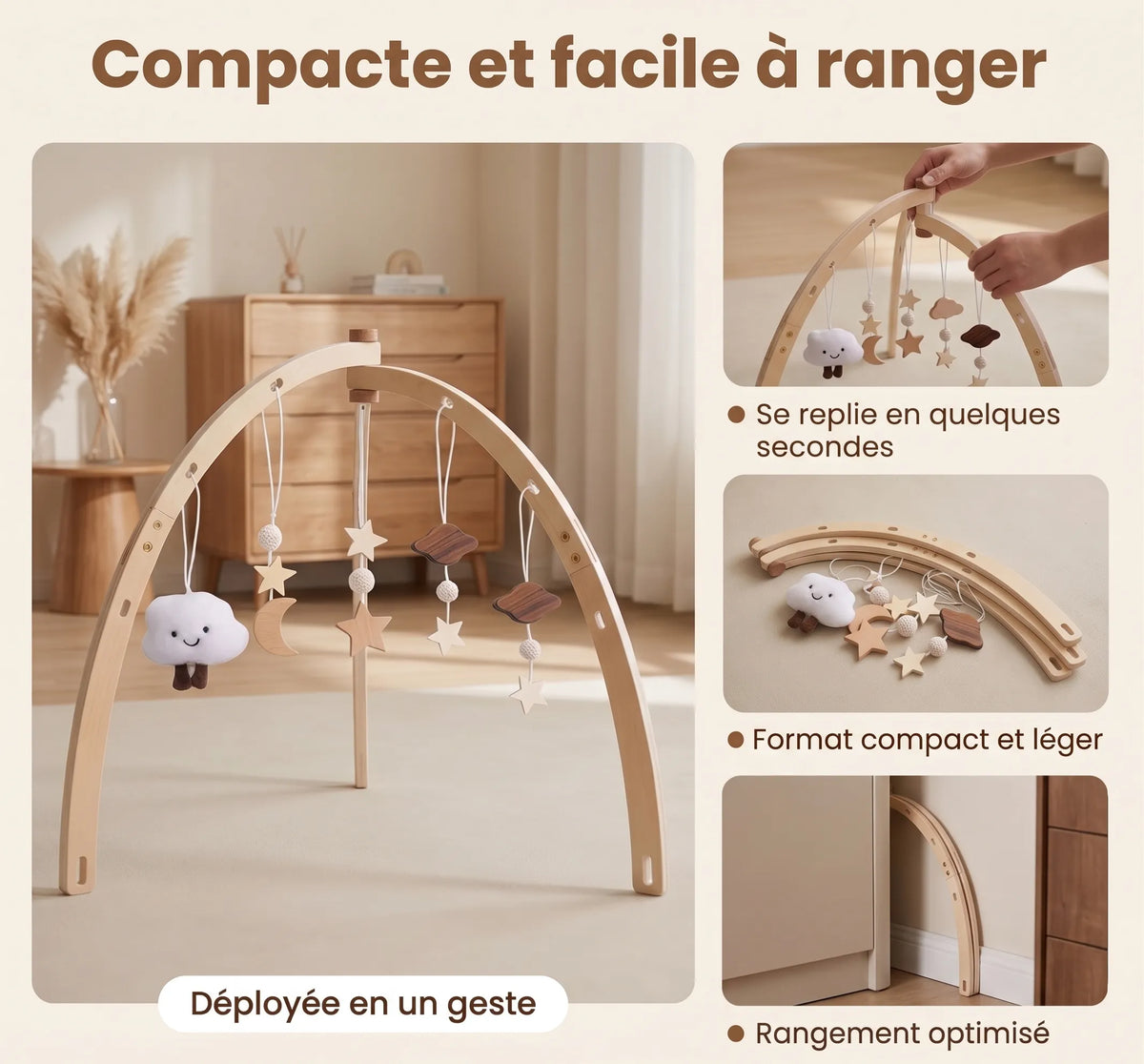 Arche d'éveil en bois pour bébé - charnière pliable pour un rangement compact