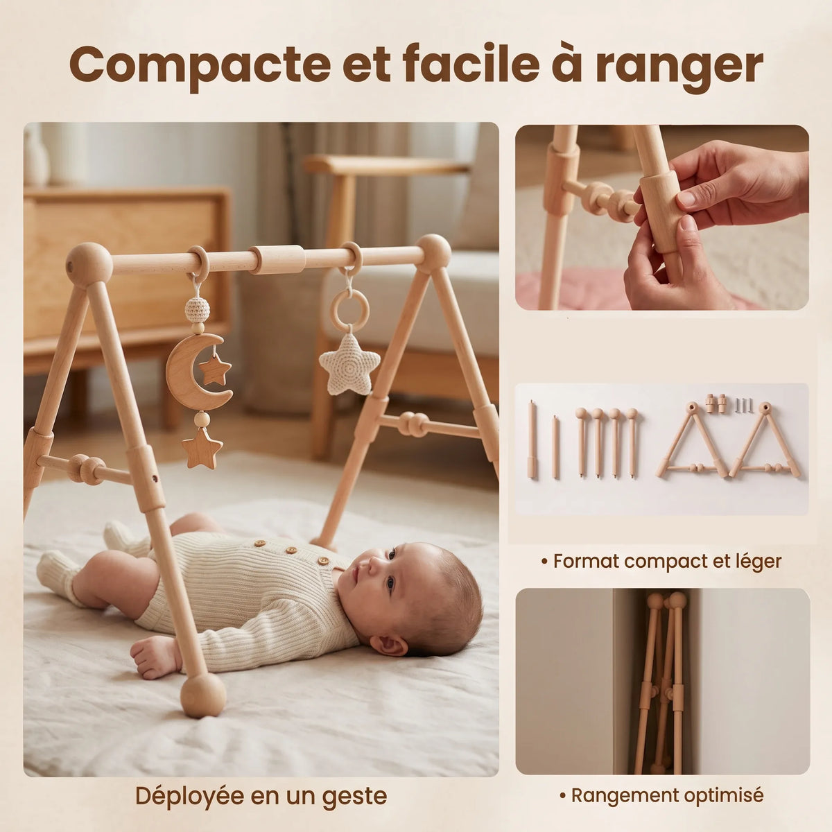 Portique d'éveil en bois pour bébé - Structure pliable et compacte