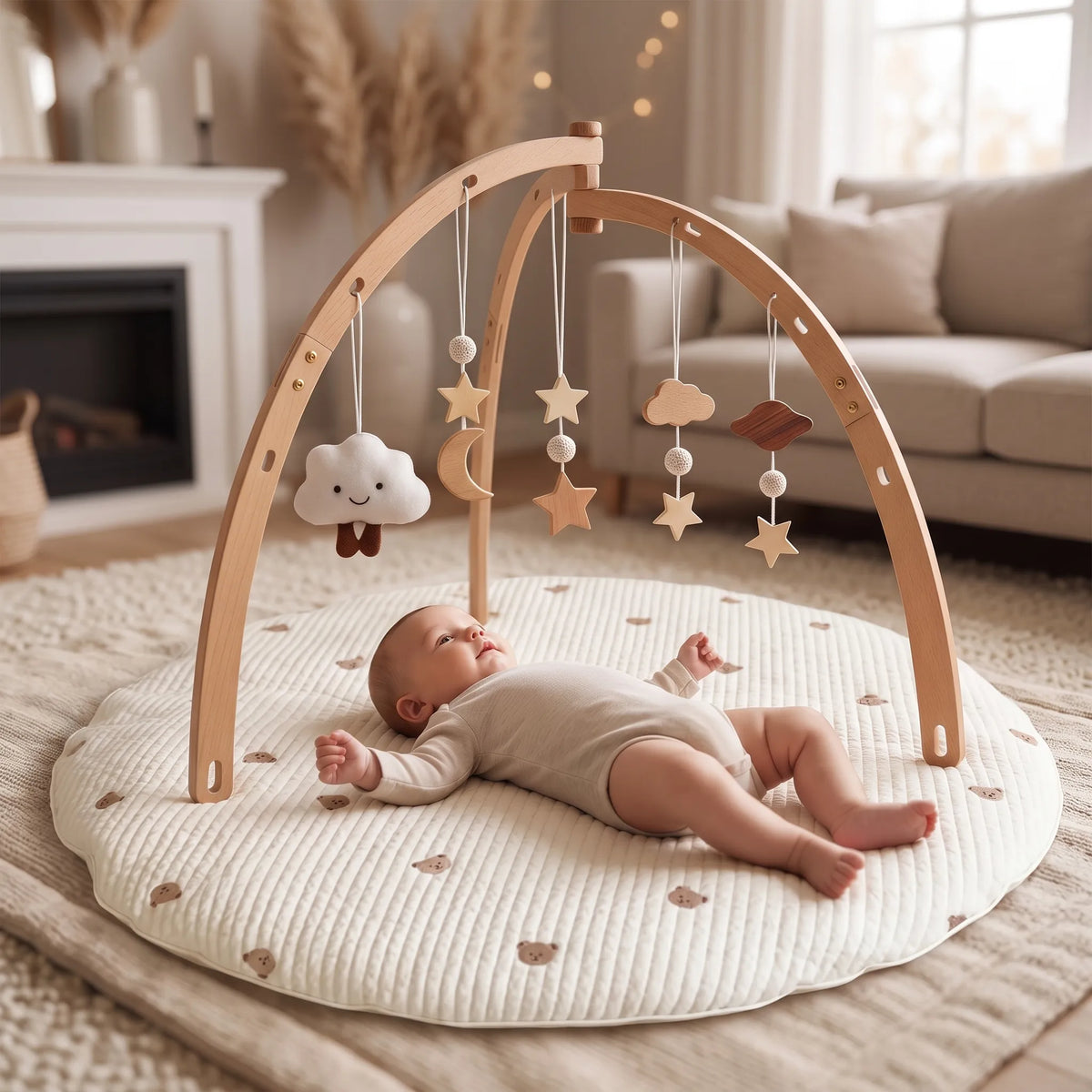 Arche d'éveil en bois pour bébé - bébé allongé sous l'arche en éveil sensoriel