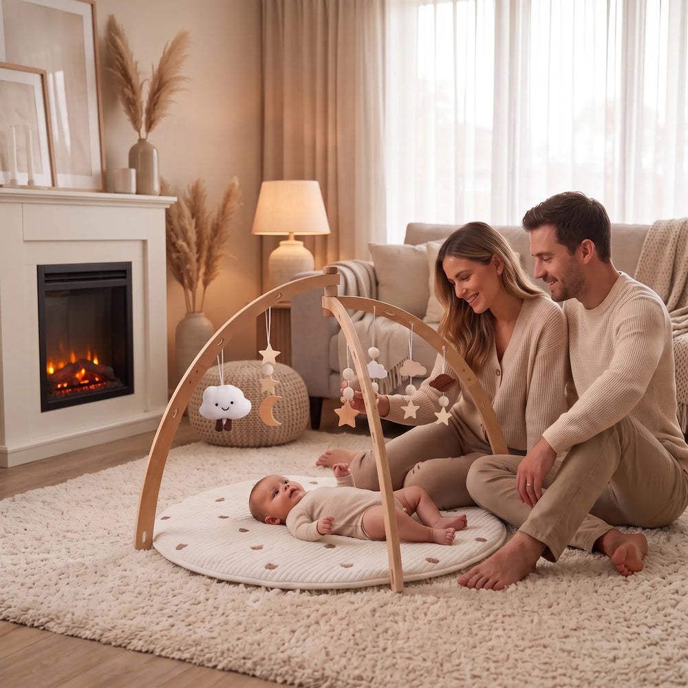 Arche d'éveil en bois pour bébé avec 5 jouets suspendus