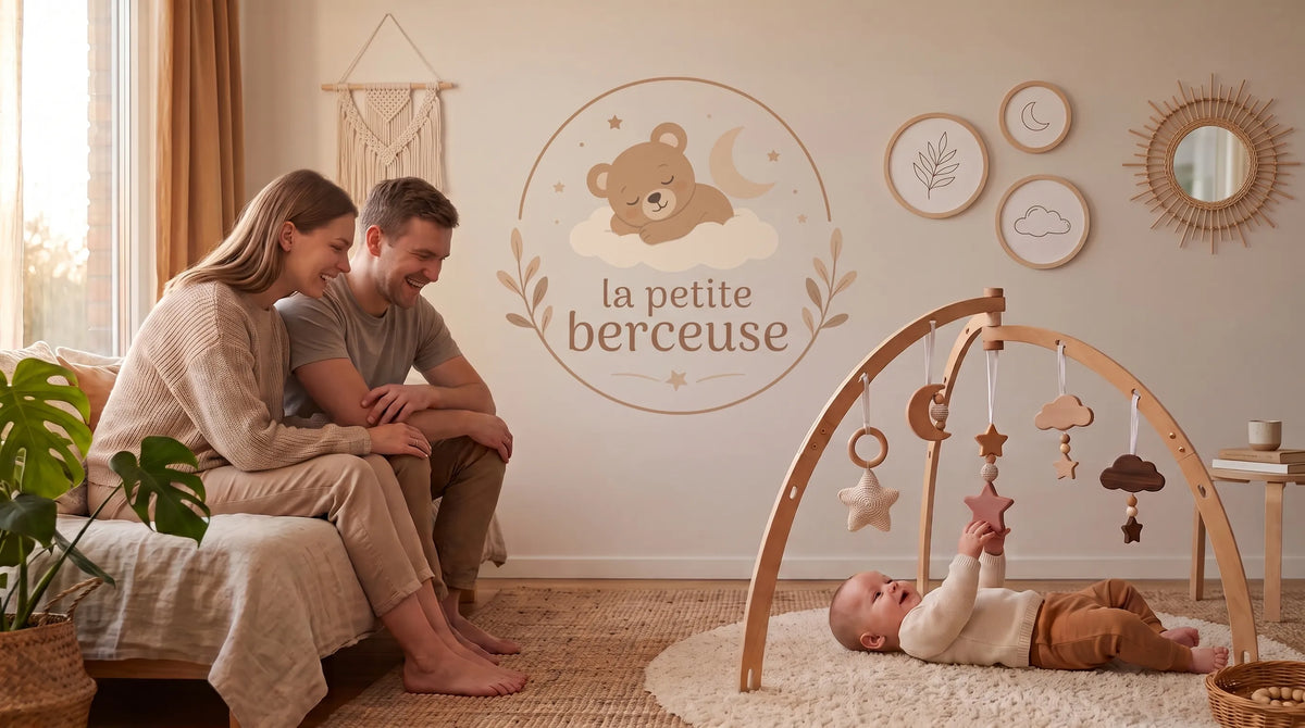 Parents attendris regardant leur bébé jouer sur une arche d'éveil en bois, dans un salon aux tons doux avec le logo La Petite Berceuse au mur