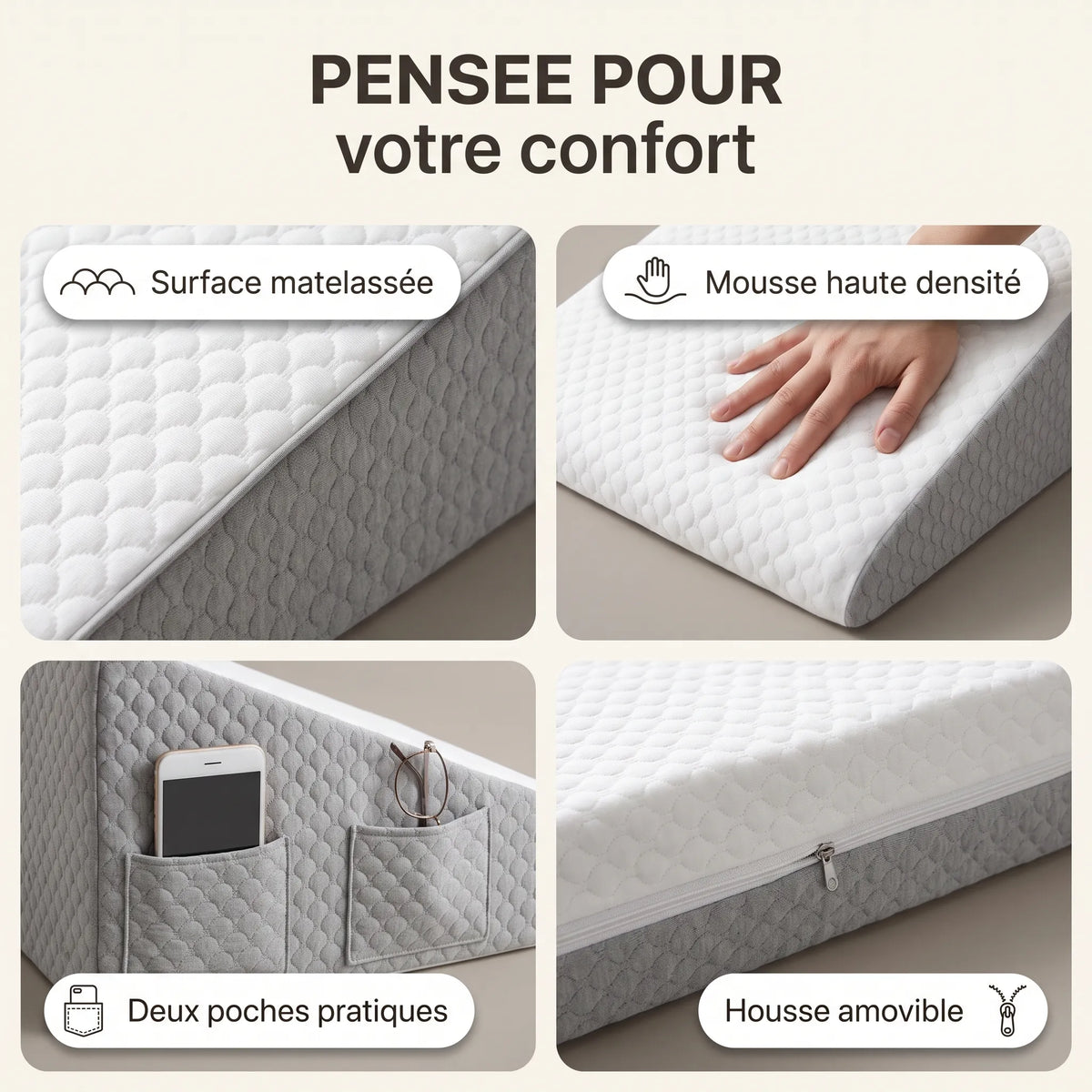Coussin cale-dos d'appoint pour femme enceinte - mousse haute densité, poches et housse amovible