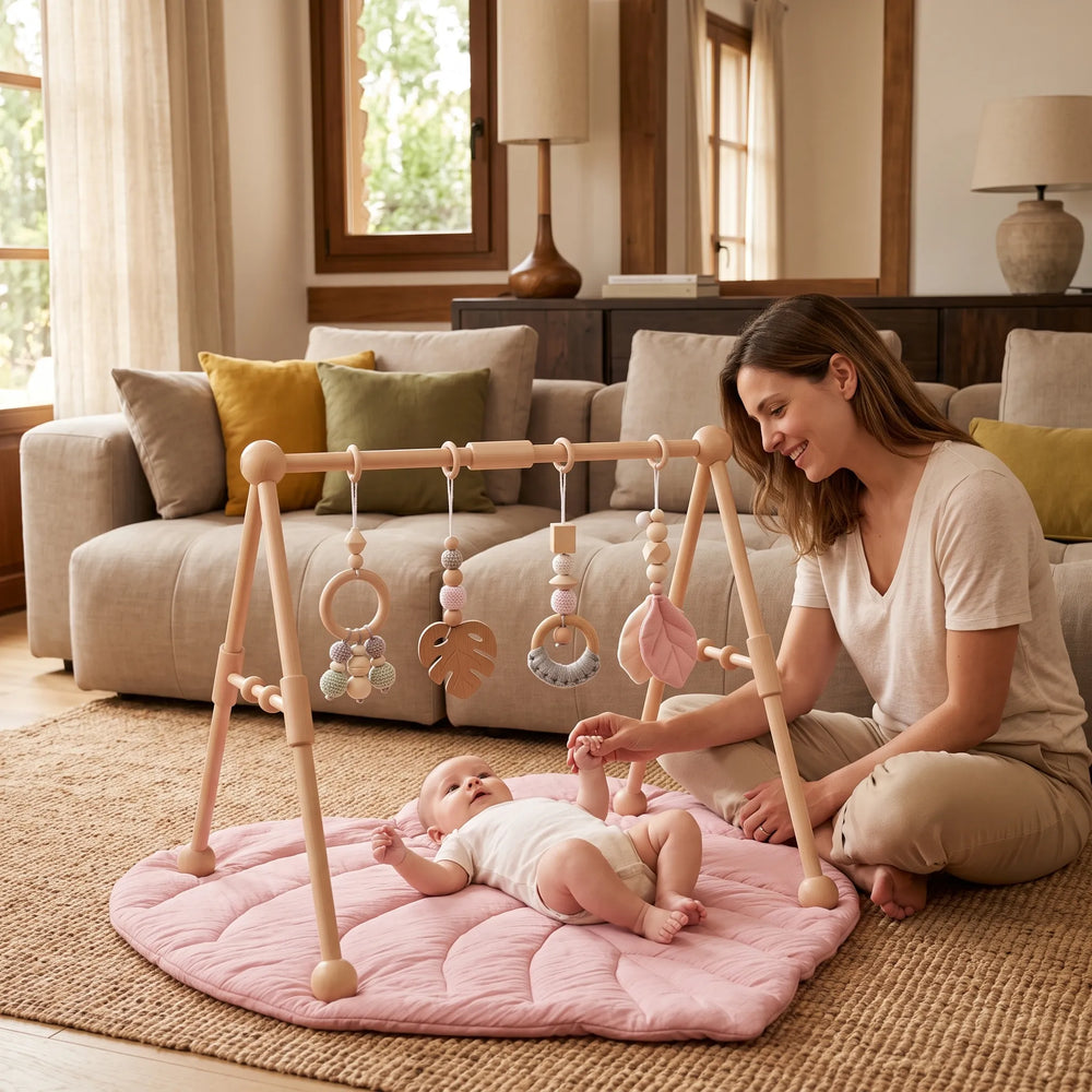 Portique d'éveil en bois pour bébé avec 4 jouets suspendus